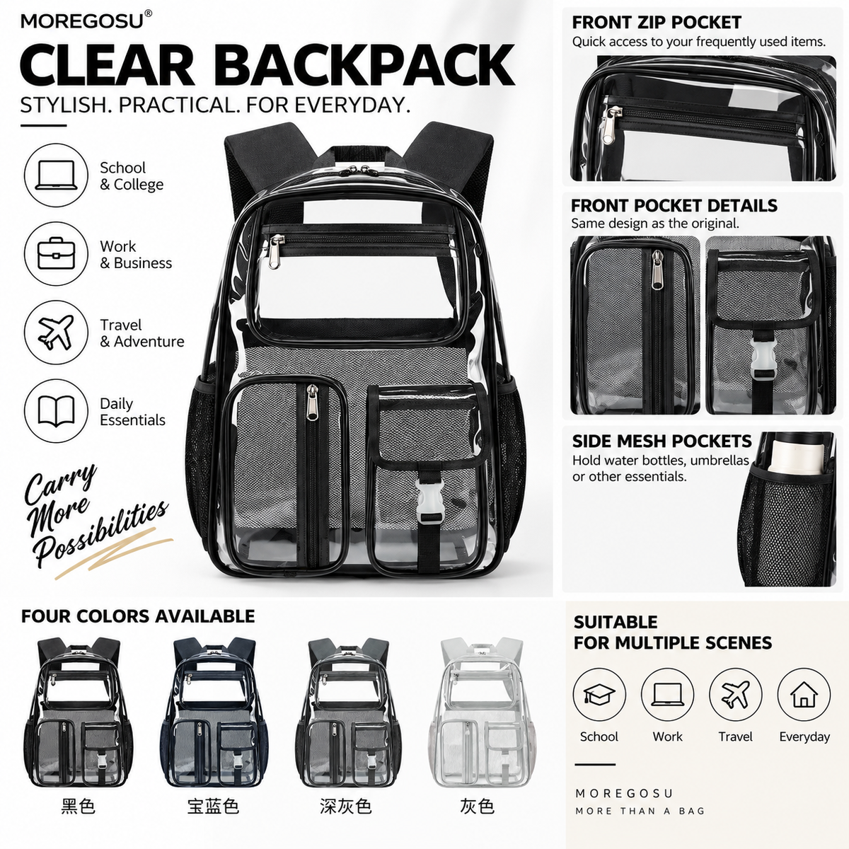 MOREGOSU Clear Backpack for Work, College & Travel