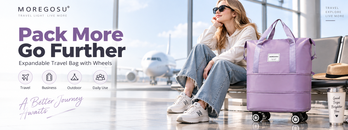Pack More. Go Further. A purple MOREGOSU wheeled travel bag beside a traveler at an airport.